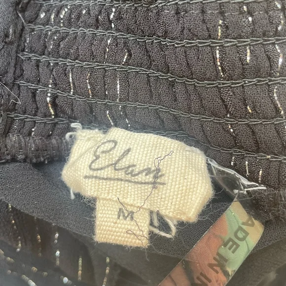 Elan Black Metallic Stripe Ruffle Mini Dress Smocked Waist Size M - Picture 8 of 8